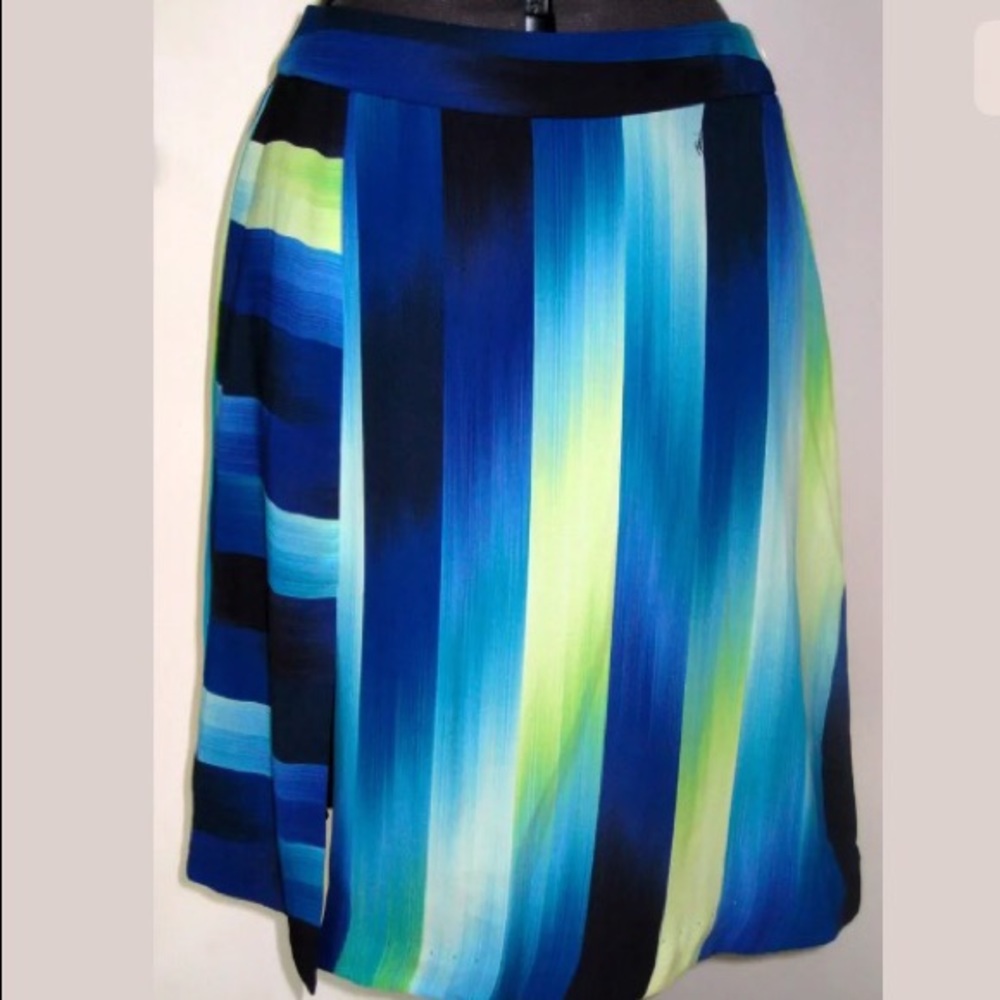 TRINA TURK LADIES SILKY A-LINE SKIRT BLUE GREEN WATERCOLOR STRIPES LINED SIZE 8